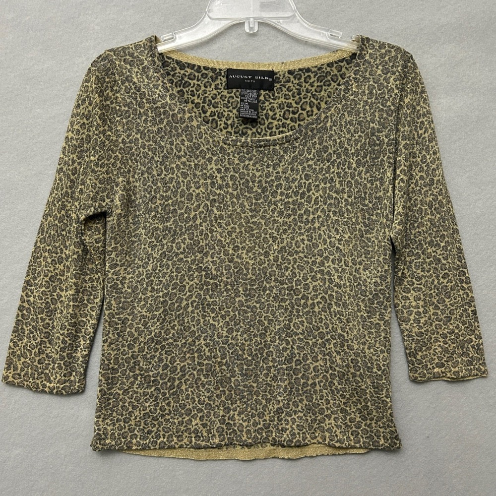 August Silk Women M Knit Top Gold Leopard Print Shimmer Preppy Metallic Silk
